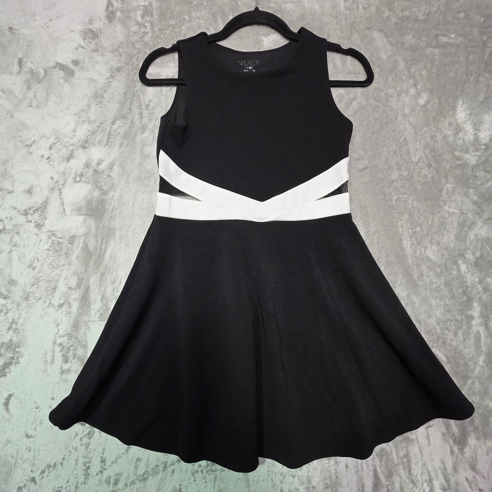 The Childrens Place Girls Black Skater Dress White Crisscross Waist Mesh Size 10